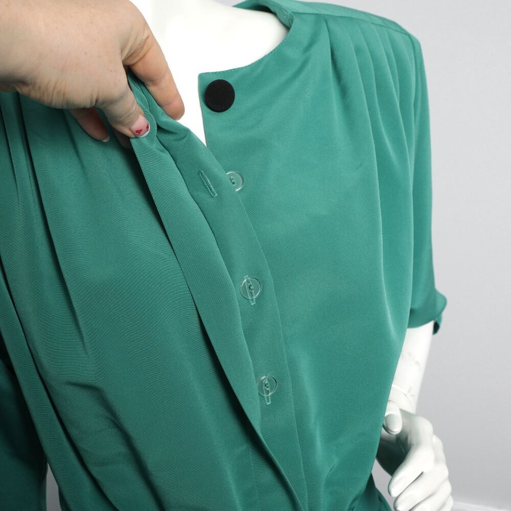 Vintage Joseph Ribkoff Green Pleated Midi Dress 80s Secretary Shoulder Pads - Picture 11 of 13